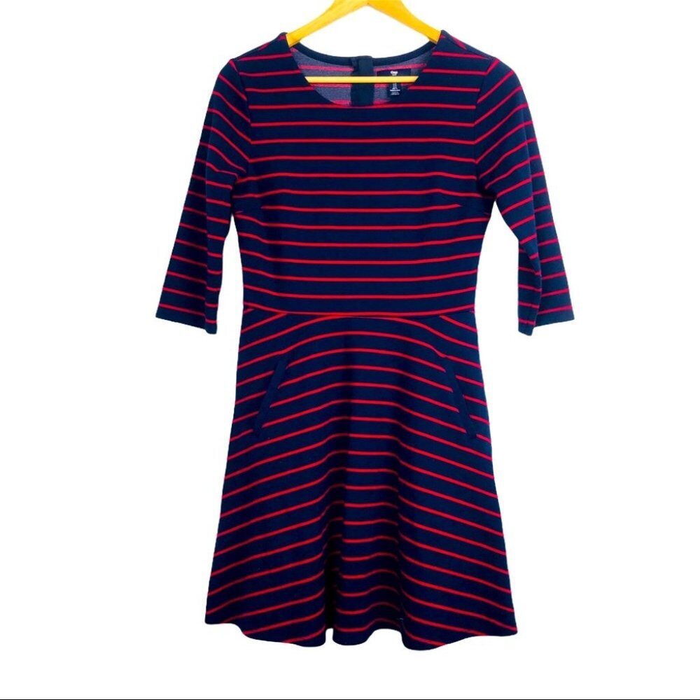 Gap Fit & Flare 3/4 Sleeve  Crew Neck stripe Midi dress Women Size S